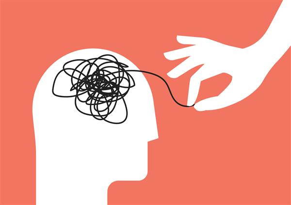 مفهوم جلسه درمان روان‌شناختی با شبح سر انسان و دست کمک گره‌ای از افکار آشفته با اختلال روانی اضطراب و آشفتگی ذهن یا استرس را باز می‌کند تصویر برداری