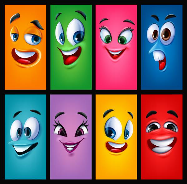 مجموعه ای از چهره های کارتونی شاد برای ترکیب گرافیکی