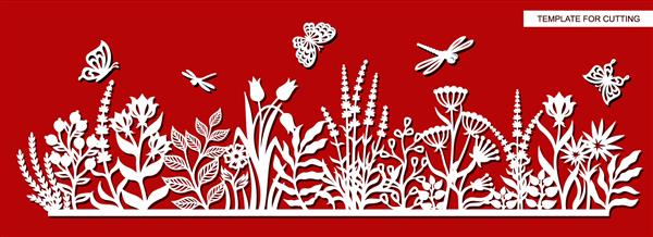 پانل تزئینی با گل چمنزار تابستانی با چمن برگ جوانه انواع توت ها گیاهان پروانه ها سنجاقک ها قالب وکتور برای برش لیزری پلاتر کاغذ فلز تخته سه لا کنده کاری روی چوب cnc