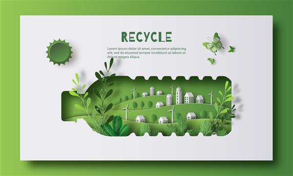 یک بطری آب با یک شهر سبز در داخل ایده این است که بطری های پلاستیکی قدیمی را بازیافت کنید سبز فکر کنید تصویر کاغذی و کاغذ سه بعدی