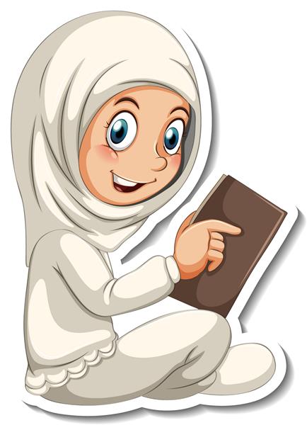 یک الگوی برچسب با دختر مسلمان در حال خواندن تصویر شخصیت کارتونی کتاب
