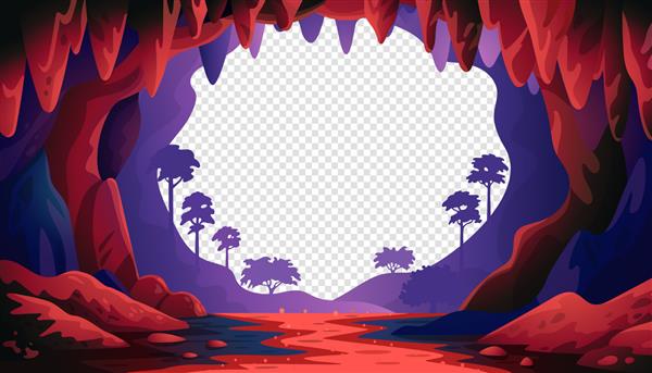 منظره برداری غار در جنگل منظره غار با رودخانه قرمز زیرزمینی و جنگل تصویر برداری به سبک کارتونی تخت