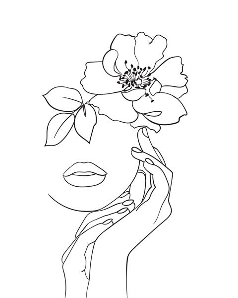 هنر طراحی چهره زیبا با خط گل رز خط پیوسته پرتره حداقلی انتزاعی - تصویر برداری