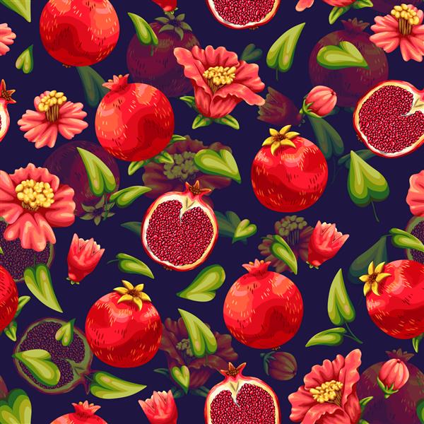 انار نقاشی زیبا از یک میوه قرمز از باغ توت تازه آبدار میوه را نصف کنید گل ها و غنچه های شکوفه برگ های سبز پس زمینه تاریک بدون درز با الگو