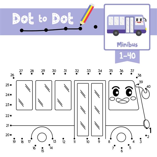 بازی آموزشی نقطه به نقطه و کتاب رنگ آمیزی حمل و نقل کارتونی مینی بوس زیبا برای کودکان پیش دبستانی فعالیت شمارش شماره 1-40 و کاربرگ تمرین دست خط تصویر برداری