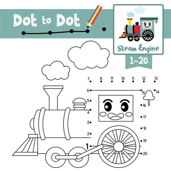 بازی آموزشی نقطه به نقطه و کتاب رنگ آمیزی حمل و نقل کارتونی موتور بخار برای کودکان پیش دبستانی فعالیت در مورد شمارش شماره 1-20 و کاربرگ تمرین دست خط تصویر برداری