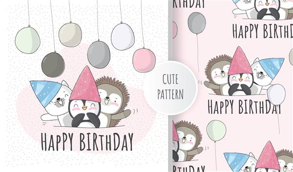 تصویر جشن تولد بچه گربه حیوانات بامزه تخت با مجموعه الگو