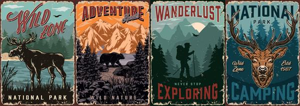پوسترهای رنگارنگ پرنعمت پارک ملی با خرس گوزن سر آهو و مسافر با میله های کوهنوردی و کوله پشتی در تصویر برداری مناظر طبیعت