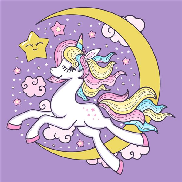 اسب شاخدار سفید ناز با ماه و ستاره حیوان خارق العاده برای طراحی کودکانه چاپ پوستر کارت پستال استیکر بنر و وکتور