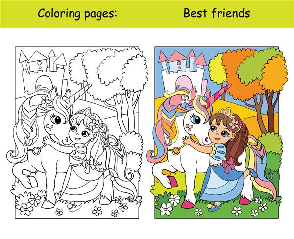 شاهزاده خانم ناز با یک اسب شاخدار در آغوش می گیرد صفحه کتاب رنگ آمیزی کودکان با الگوهای رنگارنگ وکتور تصویر جدا شده کارتونی برای کتاب رنگ آمیزی آموزش چاپ بازی دکور پازل طراحی