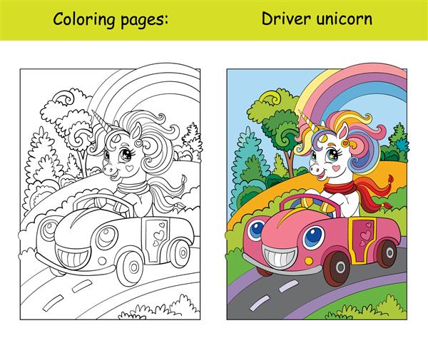 اسب شاخدار ناز با روسری ماشین را می راند صفحه کتاب رنگ آمیزی کودکان با الگوهای رنگارنگ وکتور تصویر جدا شده کارتونی برای کتاب رنگ آمیزی آموزش چاپ بازی دکور پازل طراحی