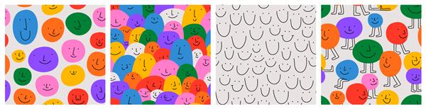 مجموعه تصویرسازی الگوی بدون درز افراد رنگارنگ متنوع شخصیت های کارتونی خنده دار به سبک ابله کودکانه جامعه دوستانه مجموعه پس زمینه روانشناسی احساسات کودک