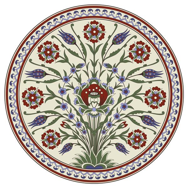 طرح گل های گرد تزئینی با دسته گل های عجیب و غریب سبک ایرانی باستان بشقاب ارابسک