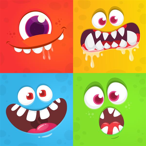 مجموعه چهره های هیولا کارتونی خنده دار تصویری از موجودات بیگانه بیان مختلف طرح هالووین عالی برای طراحی بسته بندی