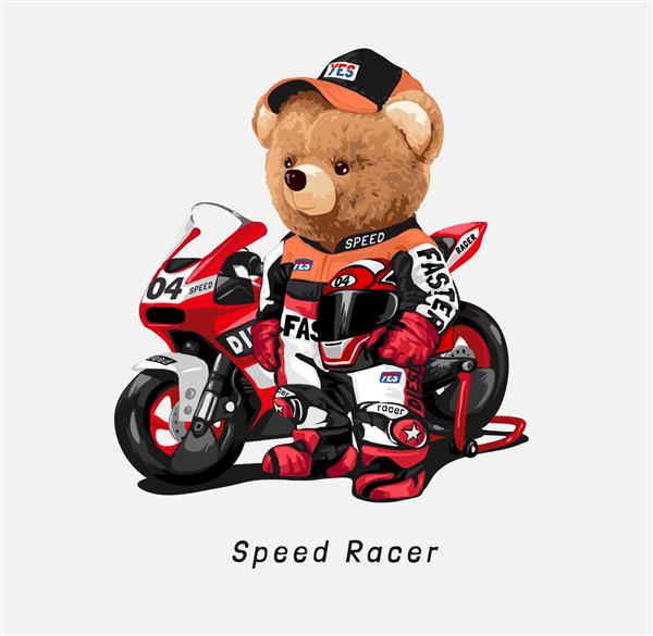 شعار مسابقه سرعت با عروسک خرس در کت و شلوار مسابقه و تصویر برداری موتور سیکلت