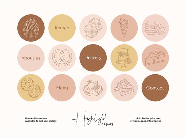 مجموعه ای از نقاشی های دستی غذا و نوشیدنی برای پوشش های برجسته رسانه های اجتماعی هویت برند طراحی لوگو