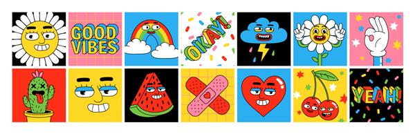 شخصیت های کارتونی خنده دار بسته استیکر پوستر مربع چاپ تصویر برداری از گل قلب انواع توت ها میوه ها رنگین کمان ابرها و کلمات مجموعه ای از عناصر کمیک در سبک کارتونی مرسوم مد روز