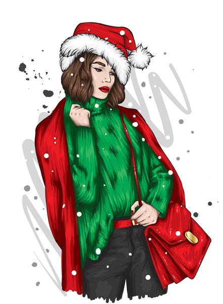 دختری زیبا با لباس های شیک و کلاه سال نو سال نو و کریسمس بابا نوئل سبک مد