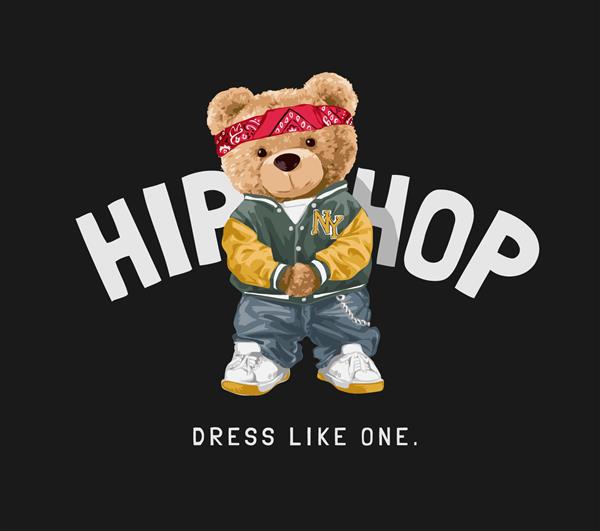شعار هیپ هاپ با عروسک خرس در تصویر برداری سبک مد در پس زمینه سیاه