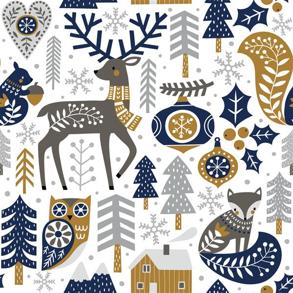 الگوی وکتور بدون درز با حیوانات زیبای جنگلی چوب‌ها و دانه‌های برف در پس‌زمینه سفید تصویر کریسمس اسکاندیناوی ایده آل برای طراحی پارچه کاغذ دیواری یا چاپ