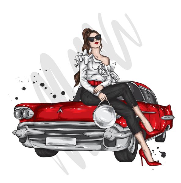 دختر زیبا با لباس های شیک و ماشین قدیمی مد و استایل لباس و اکسسوری تصویر برداری برای کارت پستال یا پوستر