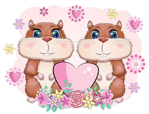 زوج ناز همستر و قلب شخصیت های کارتونی همستر حیوان خنده دار در گل