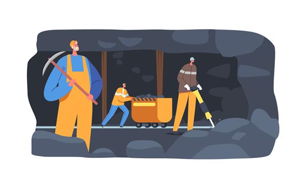 شخصیت‌های کارگران صنعت استخراج با لباس و کلاه ایمنی در معدن زغال‌سنگ در حال بارگیری فسیل‌های بر روی چرخ دستی معدن کار معدنچی با جک چکش و کلنگ شغل کاری تصویر برداری کارتونی
