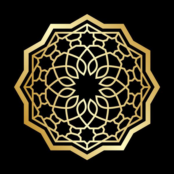 الگوی دایره‌ای با خطوط متقاطع طلایی برگ‌های ستاره‌دار و گل در پس‌زمینه سیاه زیور وکتور هندسی گرد به سبک عربی ماندالا