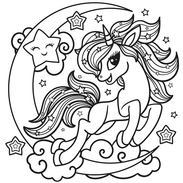 کارتون اسب شاخدار ناز در حال پریدن روی ماه تصویر خطی سیاه و سفید تصاویر جادویی از حیوانات برای طراحی کودکانه کتاب رنگ آمیزی چاپ پوستر استیکر کارت نشان و وکتور