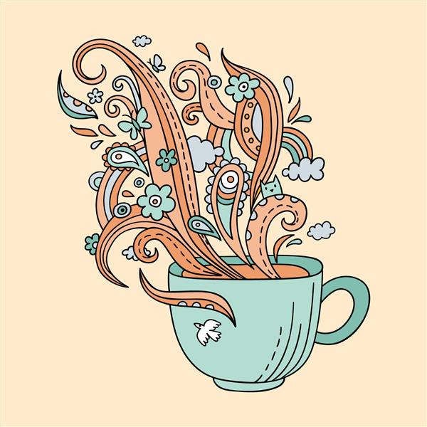 فنجان چای یا قهوه خط رنگارنگ وکتور صفحه رنگ آمیزی بزرگسالان یک فنجان و بخار مزین به سبک ابله چاپ زیبا با فنجان تزئینی