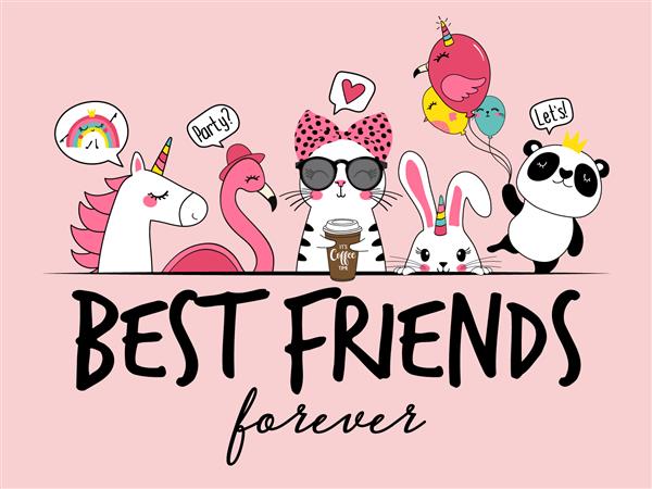 تصویر برداری تک شاخ فلامینگو گربه خرگوش پاندا بهترین دوستان شعار بهترین دوستان برای گرافیک تی شرت