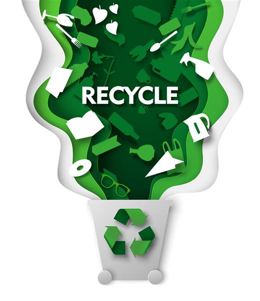 سطل زباله با زباله های پلاستیکی و علامت بازیافت سبز تصویر برداری به سبک کاردستی هنری کاغذی استفاده مجدد و بازیافت زباله صرفه جویی در محیط زیست