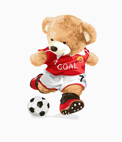 تصویر برداری وکتور عروسک خرس ناز در حال بازی فوتبال