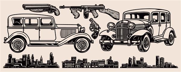 ترکیب بندی تک رنگ مافیایی قدیمی با ماشین های کلاسیک یکپارچهسازی با سیستمعامل تفنگ ساچمه ای اره شده با تفنگ ساچمه ای تامپسون و تصویر برداری جدا شده از مناظر شهر