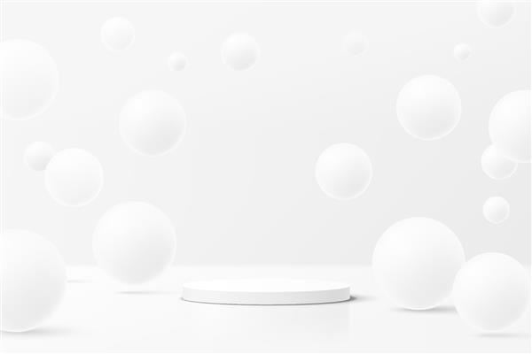پایه یا سکوی استوانه ای سه بعدی سفید انتزاعی واقع گرایانه با حباب های سفید یا توپ های کره ای که روی هوا پرواز می کنند مرحله نمایش محصول صحنه مینیمال نقره ای آینده نگر اتاق استودیو مدرن
