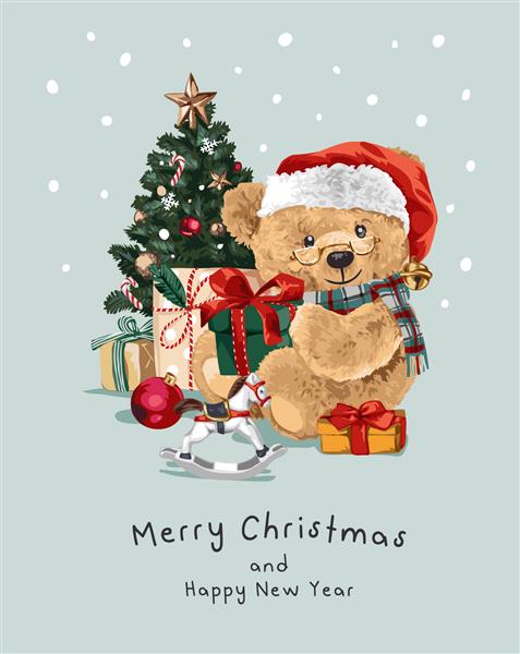 کارت کریسمس با عروسک خرس که هدیه را در دست دارد و تصویر برداری درخت کریسمس