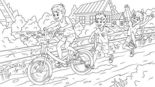 تصویر برداری کودکان شاد دوچرخه سواری در حومه شهر کتاب رنگ آمیزی