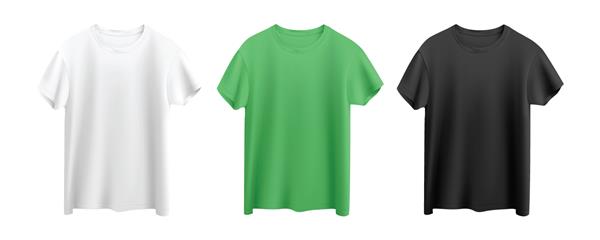 ماکت وکتور نمای جلوی تی شرت های سفید سبز و مشکی جدا شده بر روی پس زمینه سفید