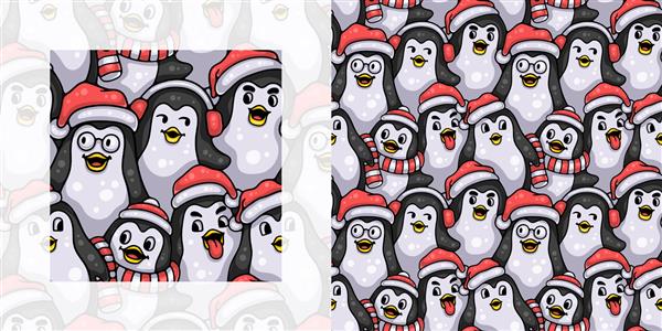 الگوی ابله بدون درز کریسمس پنگوئن های بامزه ای که کریسمس را جشن می گیرند نمونه الگو گنجانده شده است