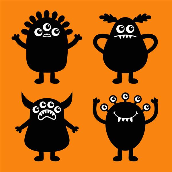 هالووین مبارک مجموعه آیکون هیولا صورت خنده دار سر بدن شبح سیاه شخصیت کودک کارتونی ناز Kawaii دست ها بالا شاخ چشم ها دندان های نیش زبان طراحی تخت تصویر برداری پس زمینه نارنجی