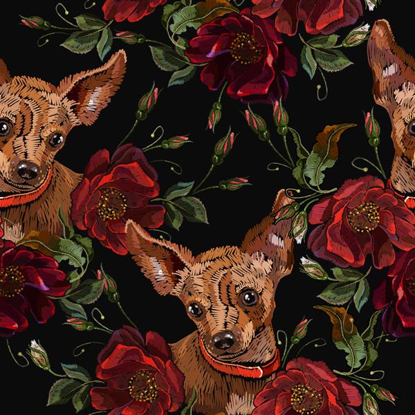 سگ چیهواهوا و گل های رز قرمز الگوی بدون درز گلدوزی هنر عاشقانه حیوانات قالب مد برای لباس
