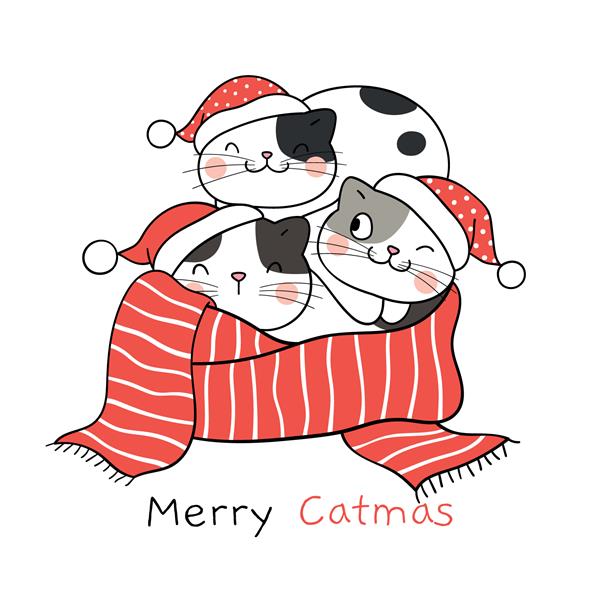 طراحی گربه های خنده دار با روسری قرمز برای کریسمس و سال جدید به سبک کارتونی Doodle با طراحی وکتور