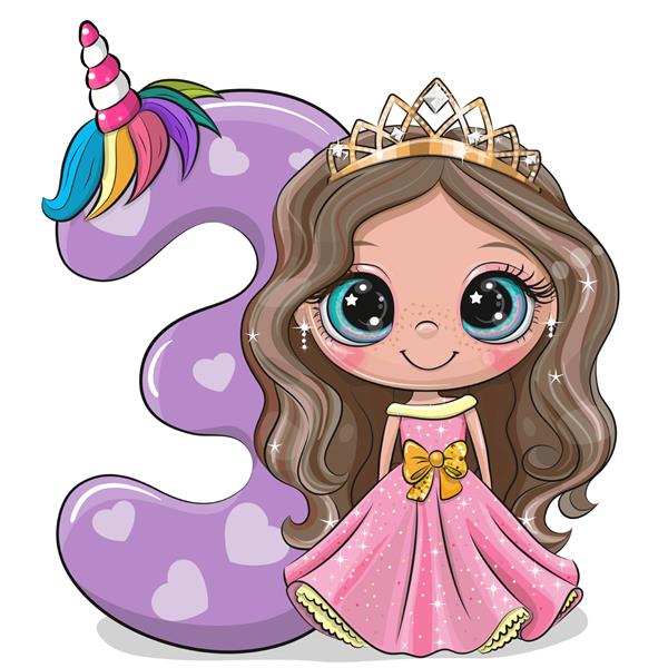 شاهزاده خانم کارتونی ناز و شماره سه جدا شده در پس زمینه سفید