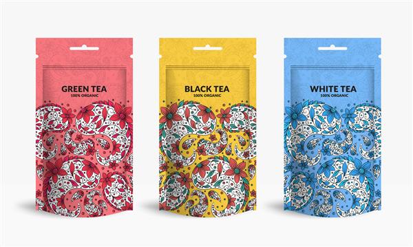ست طرح بسته بندی چای با ماکت کیسه ای زیپی وکتور الگوی تزئینی عناصر زیبا و کلاسیک عالی برای غذا نوشیدنی و سایر انواع بسته بندی قابل استفاده برای پس زمینه و کاغذ دیواری