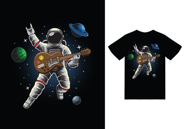 فضانورد در حال نواختن گیتار در فضا با وکتور ممتاز طرح تی شرت مفهوم فناوری ایزوله سبک کارتون تخت مناسب برای صفحات وب بنرها آگهی‌ها برچسب‌ها کارت‌ها