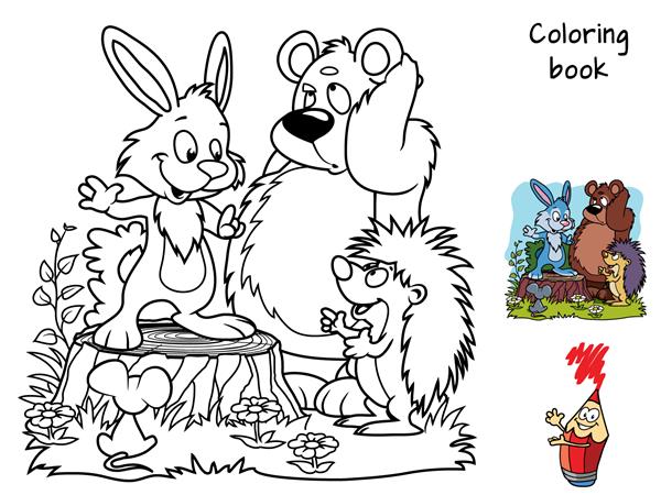 خرس خرگوش جوجه تیغی و موش معما بازی می کنند کتاب رنگ آمیزی تصویر برداری کارتونی