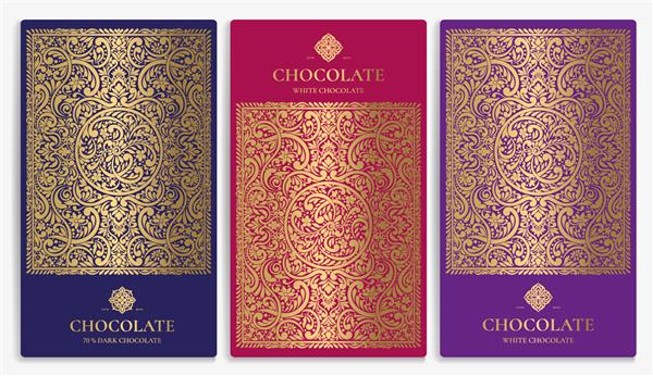 مجموعه وینتیج طرح بسته بندی تخته شکلات وکتور قالب لوکس با عناصر تزئینی قابل استفاده برای پس زمینه و کاغذ دیواری برای انواع بسته بندی غذا و نوشیدنی عالی است