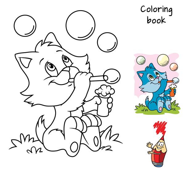 گربه کوچولو در حال باد کردن حباب های صابون کتاب رنگ آمیزی تصویر برداری کارتونی