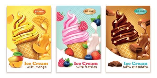 مجموعه کارت پوستر مفهومی بنر تبلیغاتی مخروطی بستنی سه بعدی واقع گرایانه تصویر برداری از بستنی با انبه شیرین انواع توت ها و شکلات