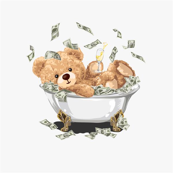 عروسک خرس با لیوان شامپاین در تصویر وان حمام نقدی